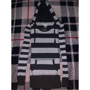 Grey and Black Striped Pull Over With Hoodie
